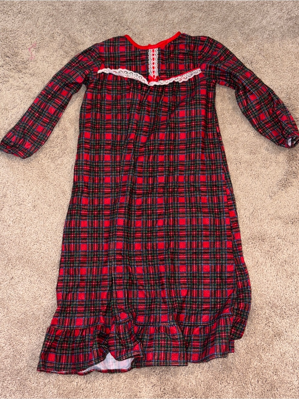 Girls' Red Plaid Long-Sleeve Nightgown with Lace Trim 4T